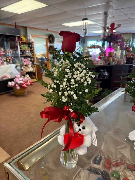 Single Rose with Solid Heart Bear